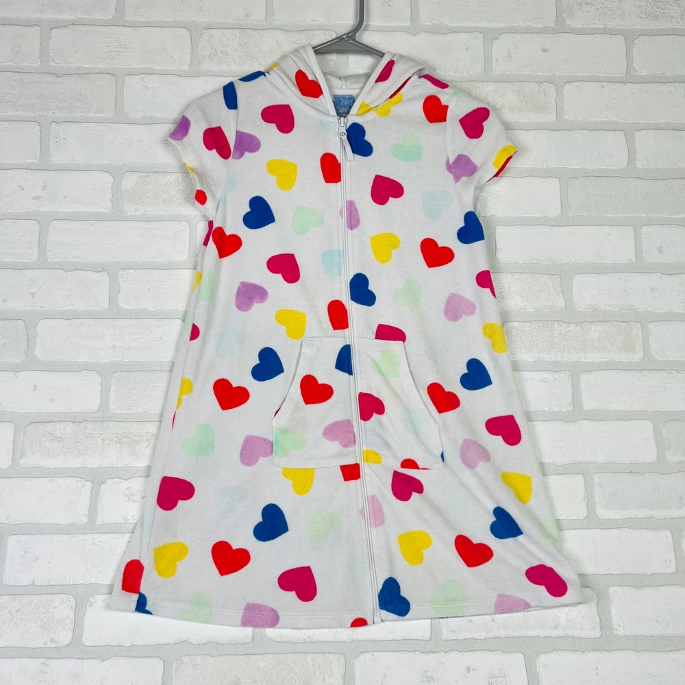 Wonder Nation Kids Terry Cloth Heart Print Zip Up Hooded Cover Up White L 10-12